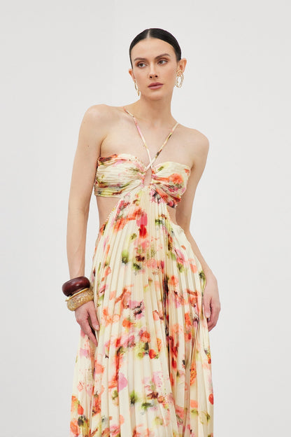 Halter Neck Ruched Print Column Maxi Dress