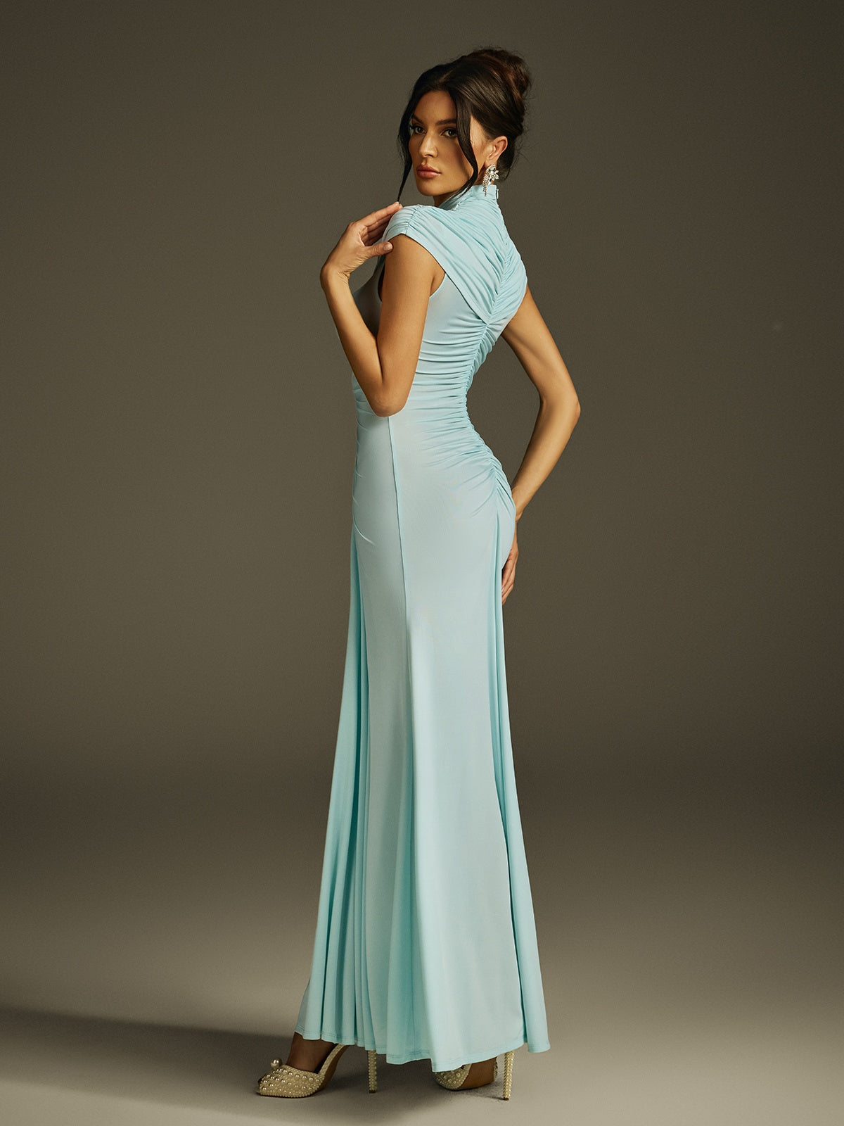 Mock Neck Cap Sleeve Vertical Front Ruched Sunburst Column Maxi Gown