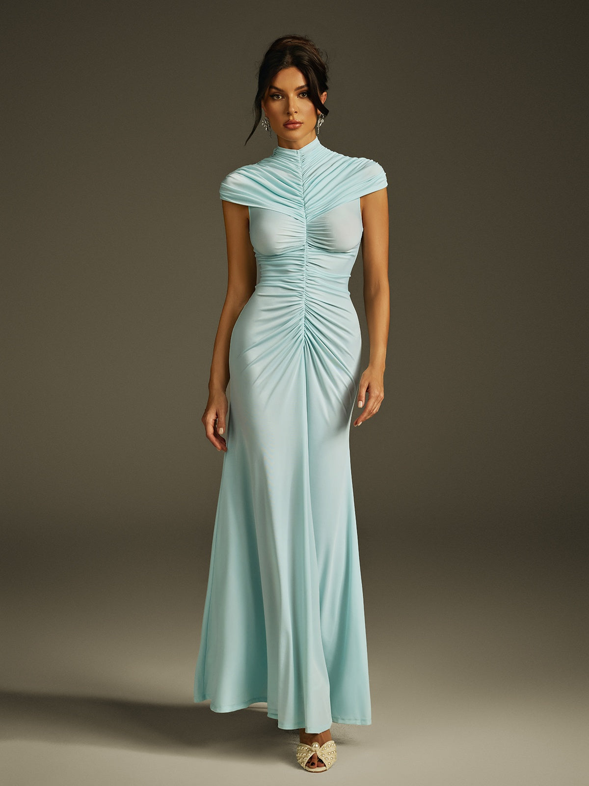 Mock Neck Cap Sleeve Vertical Front Ruched Sunburst Column Maxi Gown