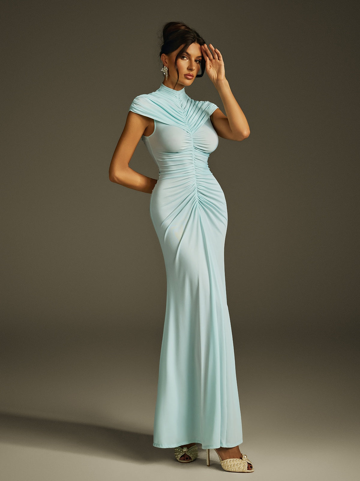 Mock Neck Cap Sleeve Vertical Front Ruched Sunburst Column Maxi Gown
