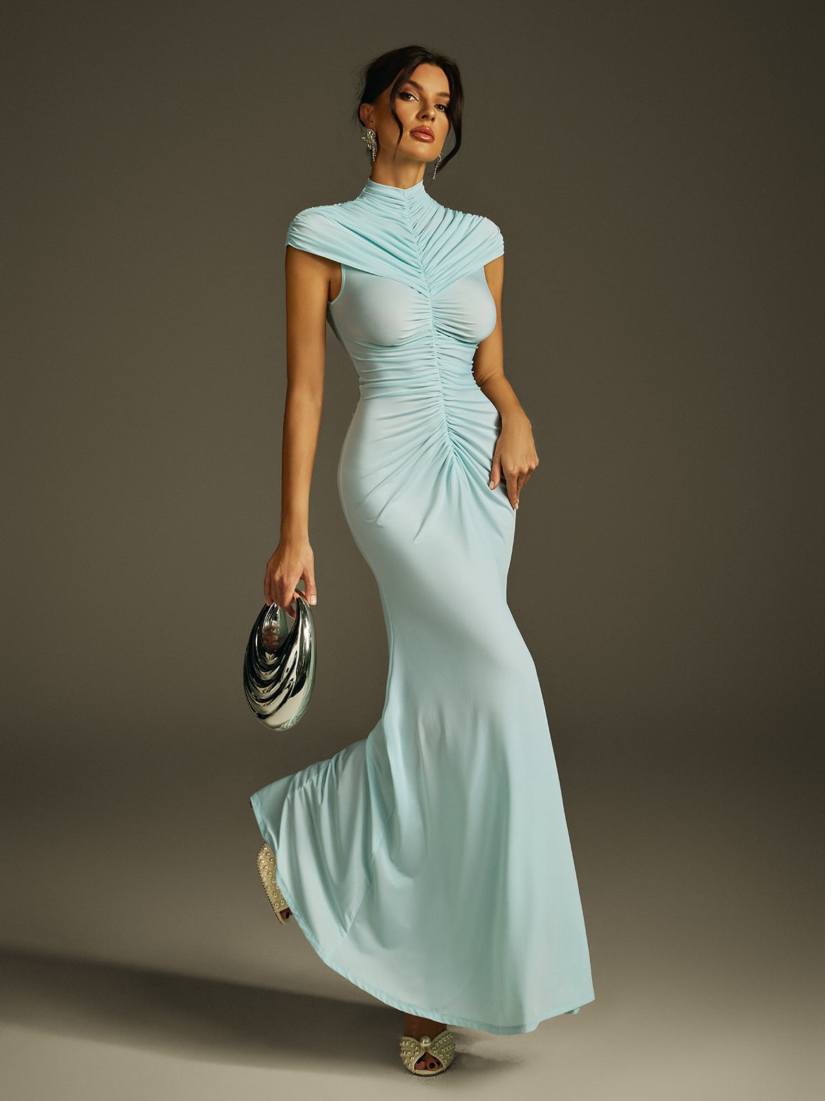 Mock Neck Cap Sleeve Vertical Front Ruched Sunburst Column Maxi Gown