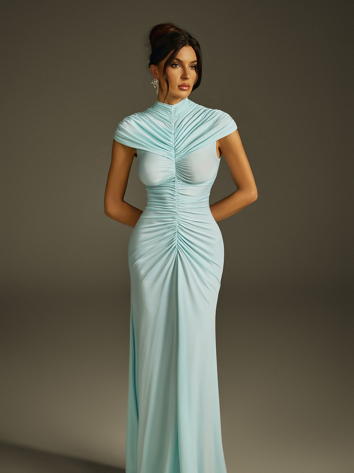 Mock Neck Cap Sleeve Vertical Front Ruched Sunburst Column Maxi Gown