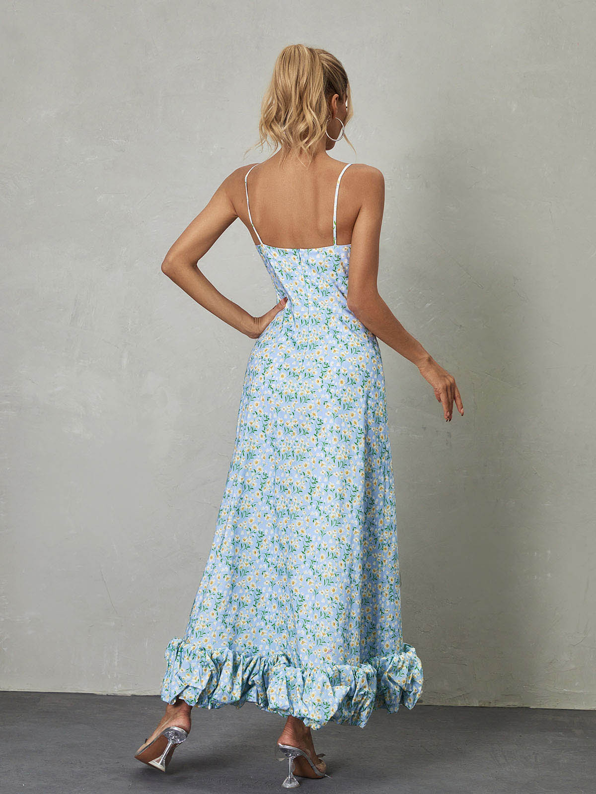 Scoop Neck Spaghetti Strap Daisy Print Ruffle Hem Maxi Dress