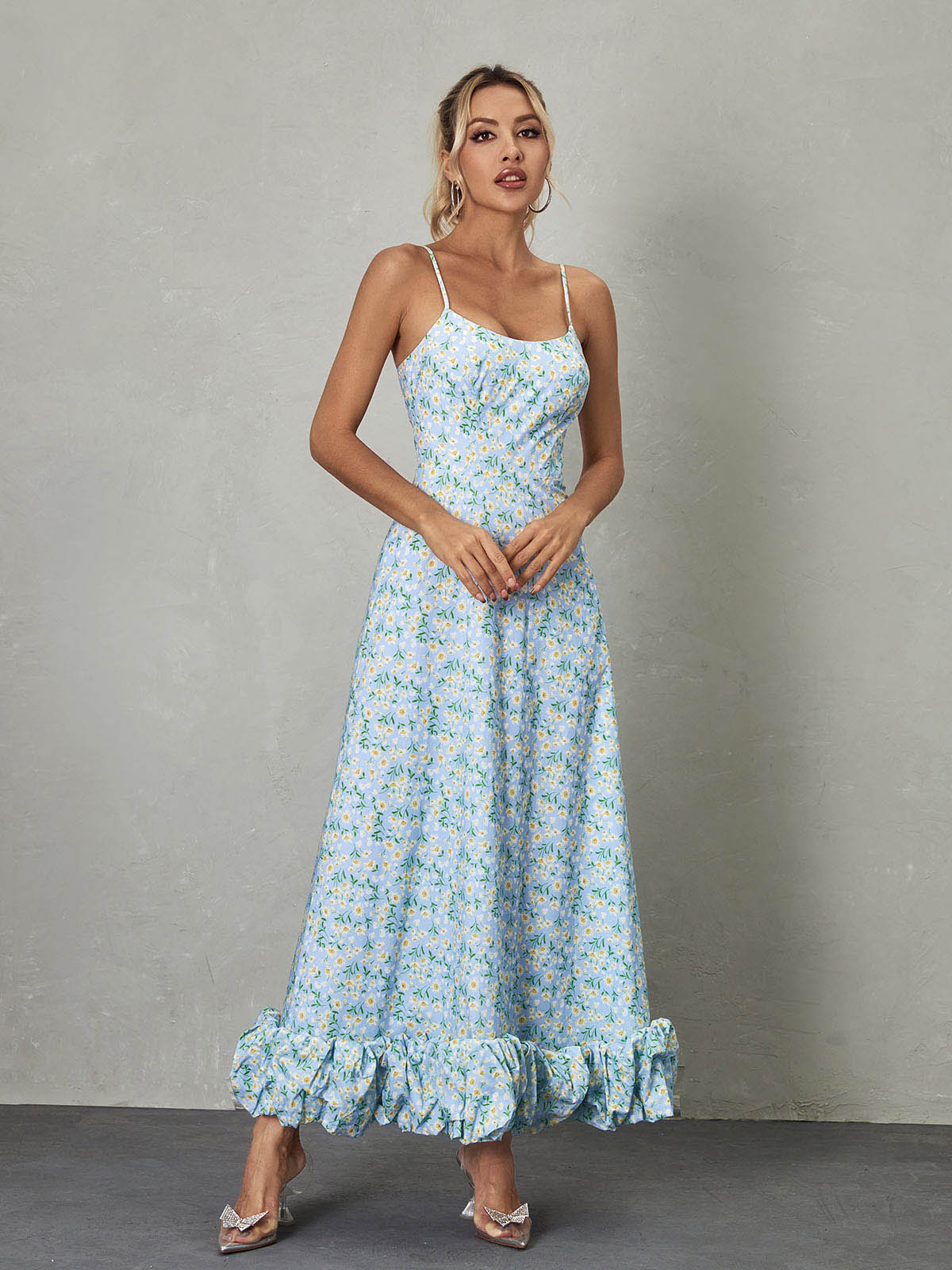 Scoop Neck Spaghetti Strap Daisy Print Ruffle Hem Maxi Dress