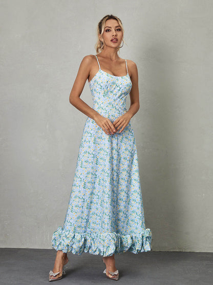 Scoop Neck Spaghetti Strap Daisy Print Ruffle Hem Maxi Dress