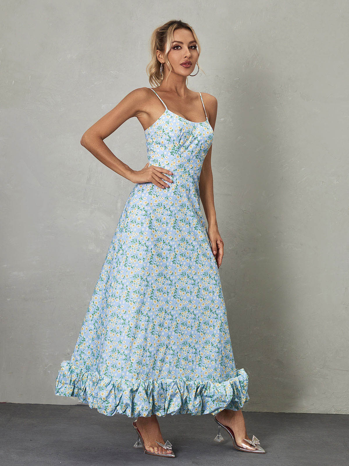 Scoop Neck Spaghetti Strap Daisy Print Ruffle Hem Maxi Dress
