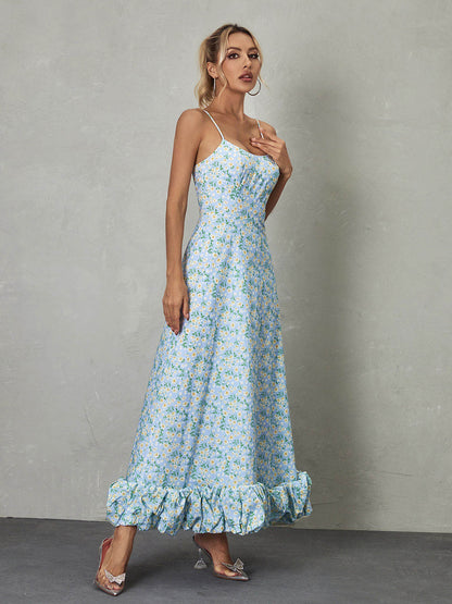 Scoop Neck Spaghetti Strap Daisy Print Ruffle Hem Maxi Dress