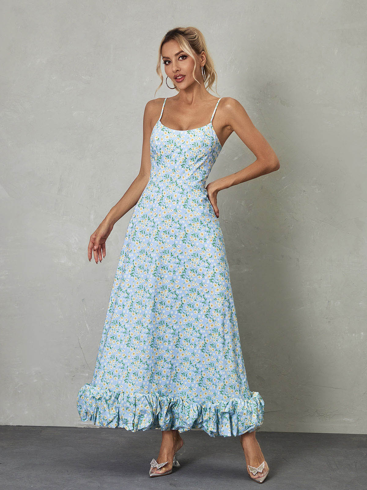 Scoop Neck Spaghetti Strap Daisy Print Ruffle Hem Maxi Dress