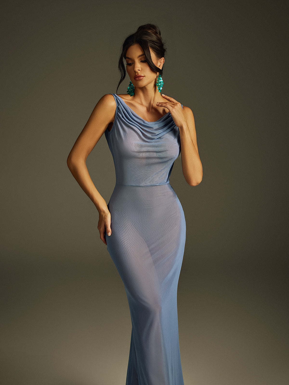 Spaghetti Strap Deep Cowl Back Draped Sheer Mesh Bodycon Maxi Dress