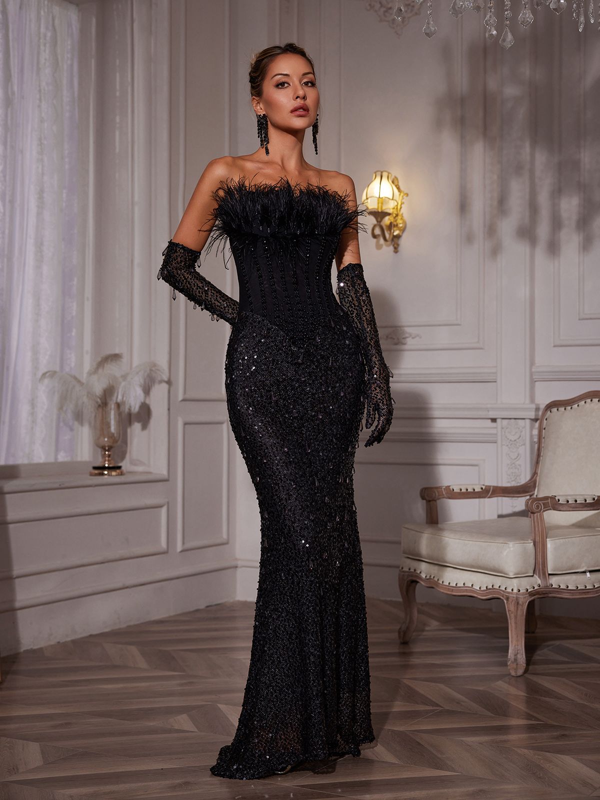 Strapless Feather Trim Corset Bodice Sequin Column Gown with Opera Gloves