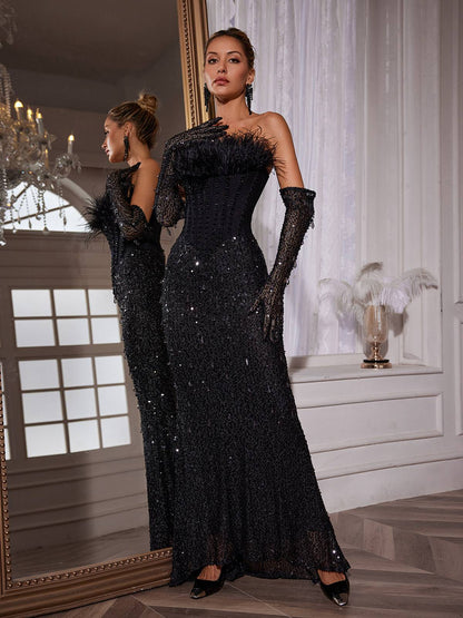 Strapless Feather Trim Corset Bodice Sequin Column Gown with Opera Gloves