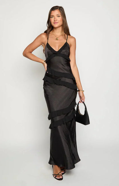 V-Neck Spaghetti Strap Diagonal Cascading Ruffle Maxi Dress