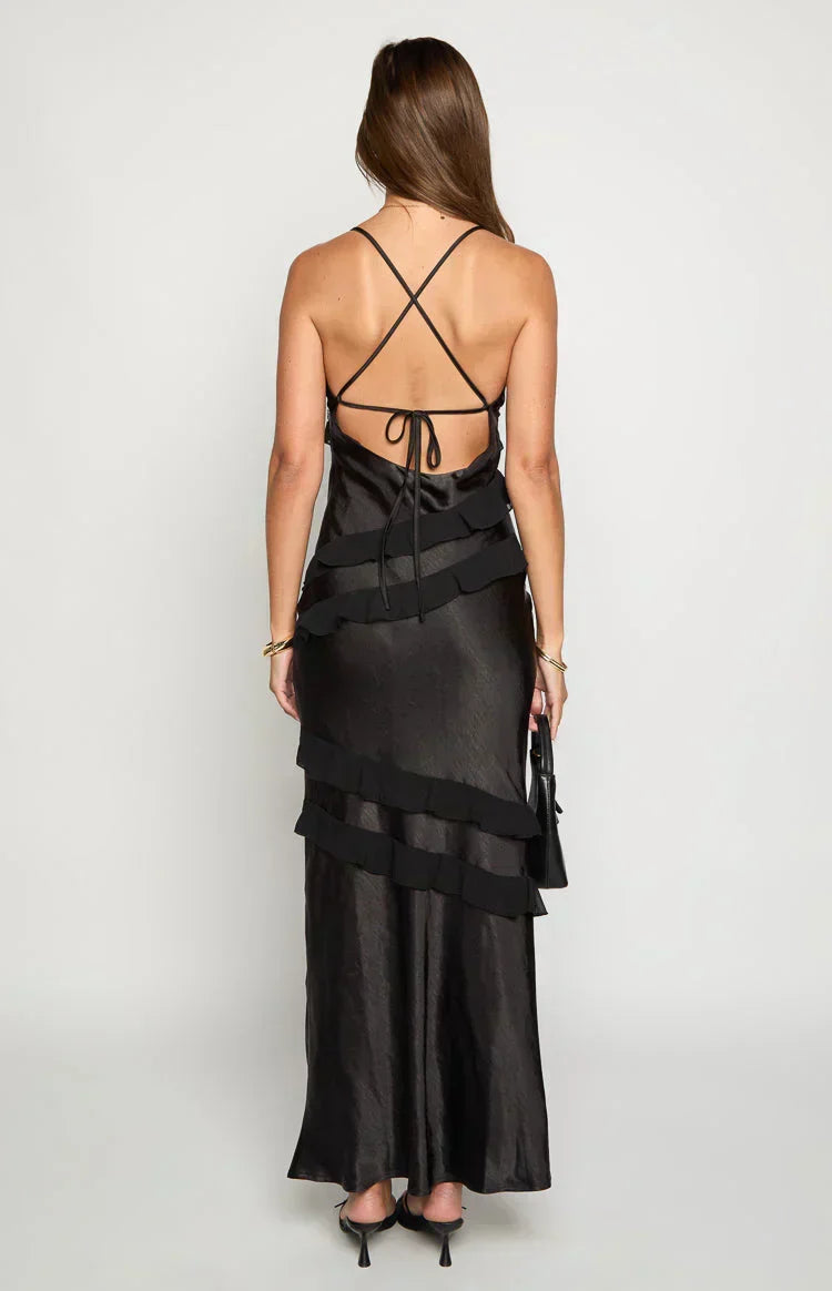 V-Neck Spaghetti Strap Diagonal Cascading Ruffle Maxi Dress