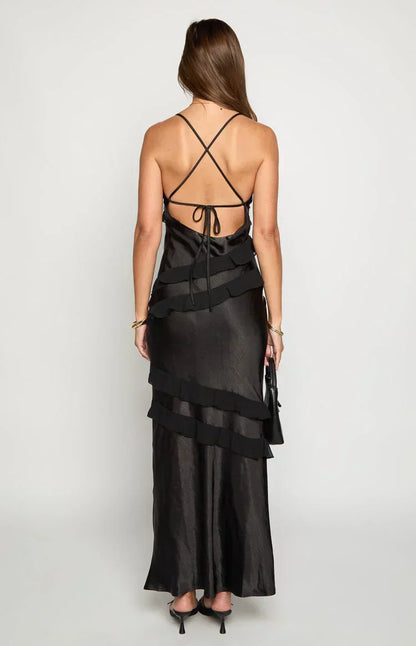 V-Neck Spaghetti Strap Diagonal Cascading Ruffle Maxi Dress