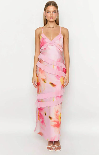 Spaghetti Strap V-Neck Diagonal Tiered Ruffle Satin Maxi Dress