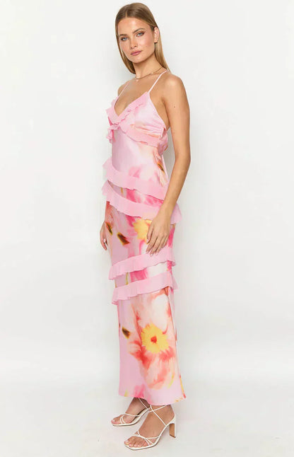 V-Neck Spaghetti Strap Diagonal Cascading Ruffle Maxi Dress