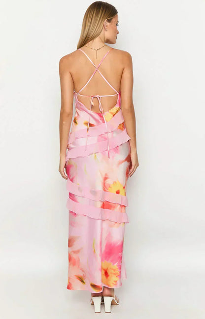 V-Neck Spaghetti Strap Diagonal Cascading Ruffle Maxi Dress