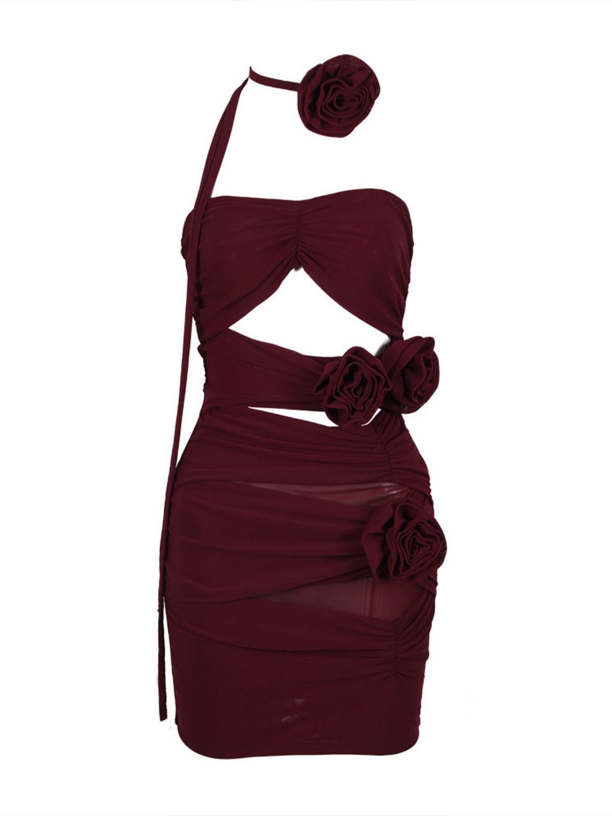 Strapless Ruched Midriff Cutout 3D Rosette Choker Neck Mini Dress