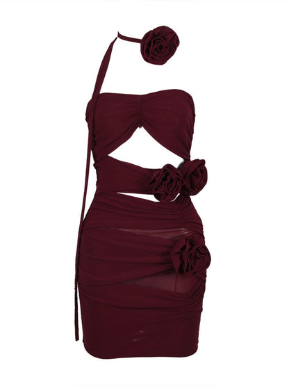Strapless Ruched Midriff Cutout 3D Rosette Choker Neck Mini Dress