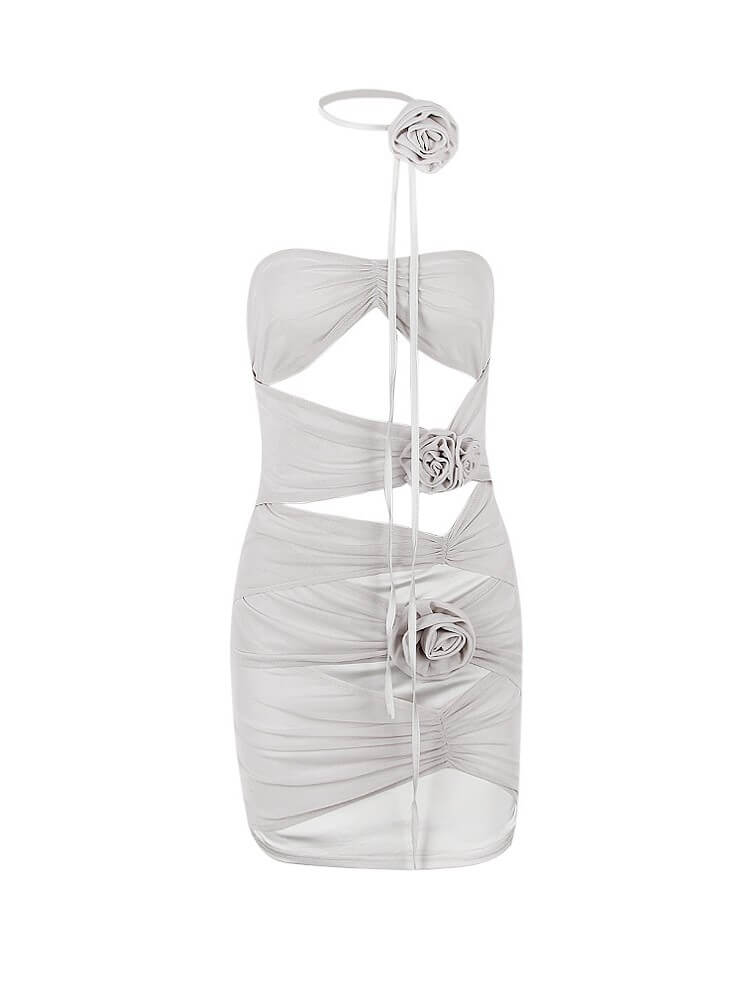 Strapless Bandeau Bust Cutout Rosette Applique Ruched Mesh Mini Dress
