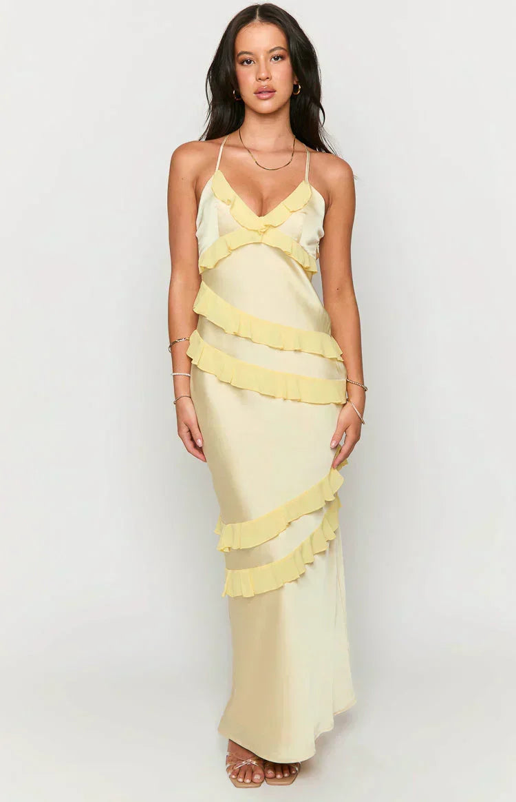 V-Neck Spaghetti Strap Diagonal Cascading Ruffle Maxi Dress