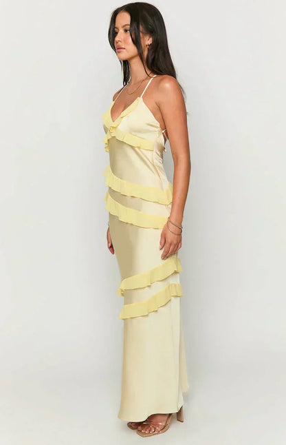 Spaghetti Strap V-Neck Diagonal Tiered Ruffle Satin Maxi Dress