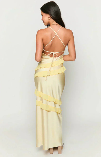 V-Neck Spaghetti Strap Diagonal Cascading Ruffle Maxi Dress