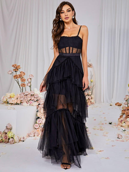 Spaghetti Strap Corset Bodice Sheer Mesh Midriff Tiered Tulle Ruffle Mesh Maxi Dress