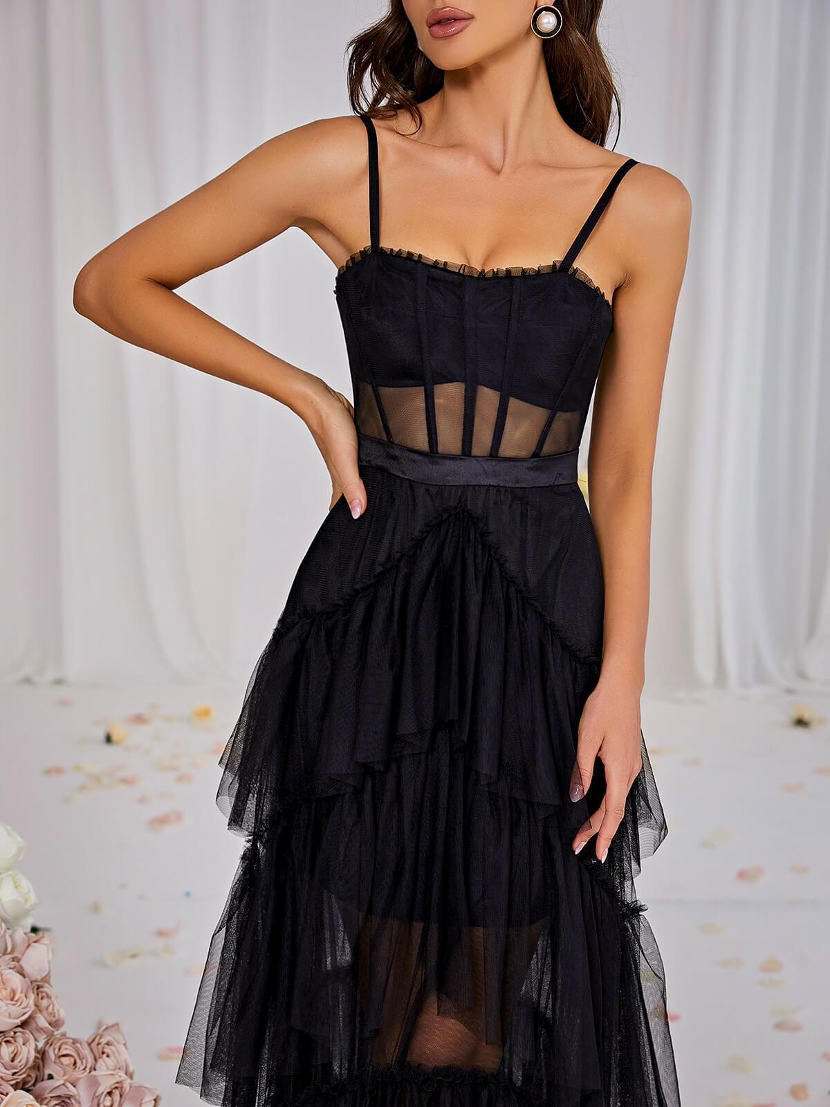 Spaghetti Strap Corset Bodice Sheer Mesh Midriff Tiered Tulle Ruffle Mesh Maxi Dress