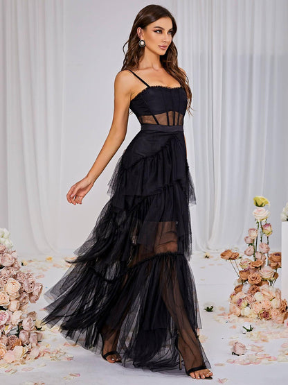 Spaghetti Strap Corset Bodice Sheer Mesh Midriff Tiered Tulle Ruffle Mesh Maxi Dress