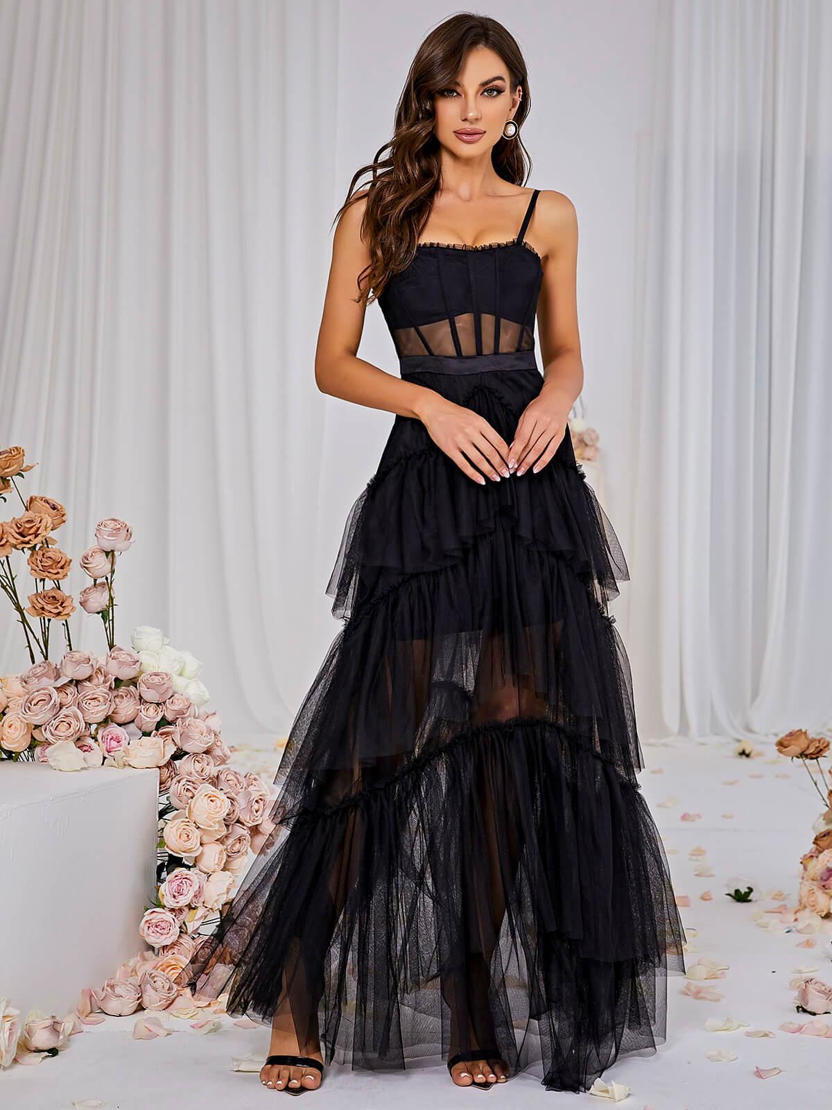 Spaghetti Strap Corset Bodice Sheer Mesh Midriff Tiered Tulle Ruffle Mesh Maxi Dress