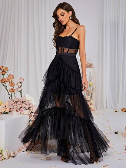Spaghetti Strap Corset Bodice Sheer Mesh Midriff Tiered Tulle Ruffle Mesh Maxi Dress