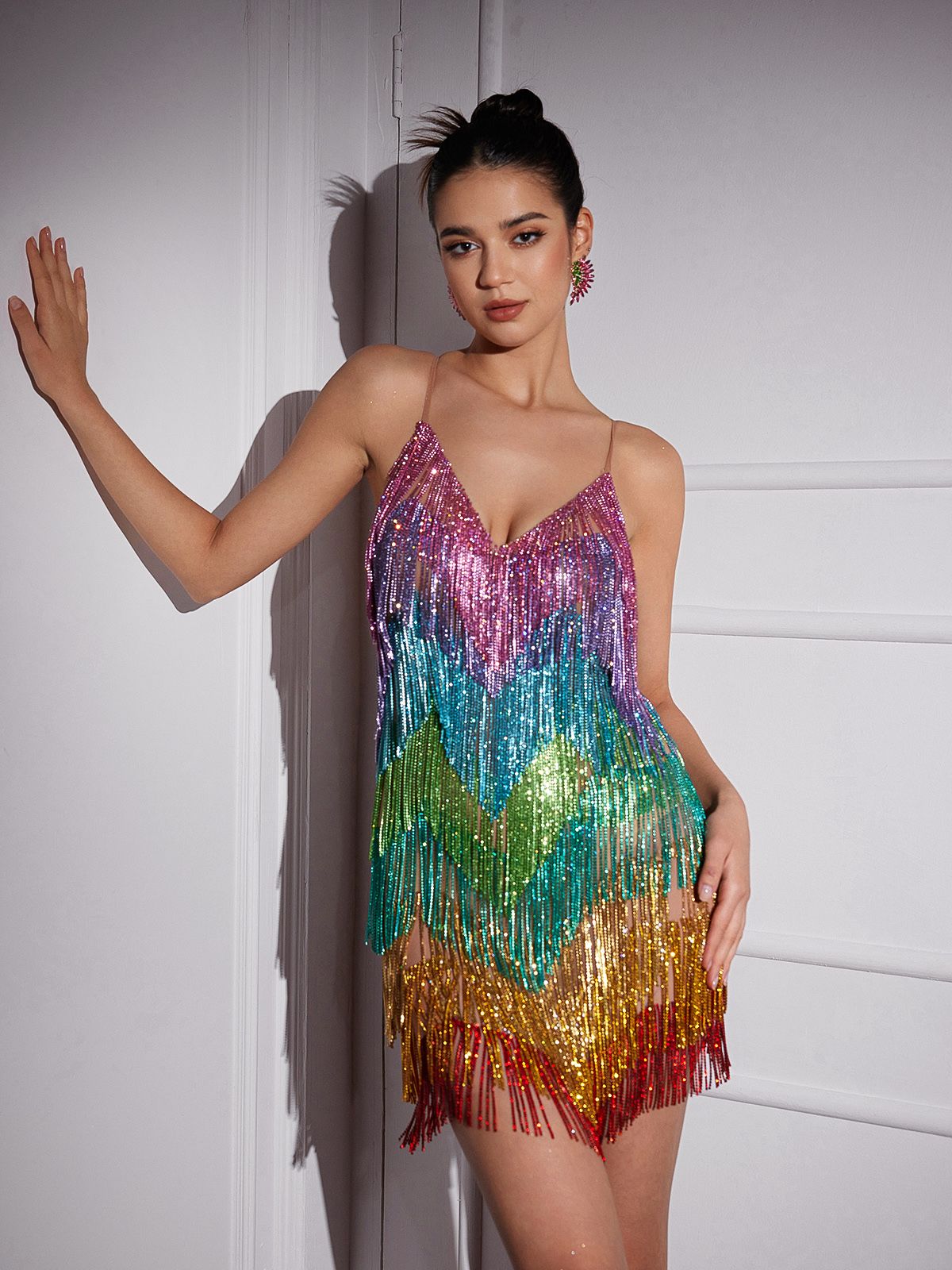 Deep V-Neck Spaghetti Strap Chevron Tiered Sequin Fringe Mini Dress