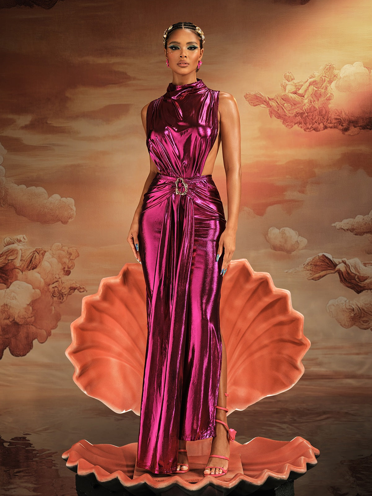 Mock Neck Sleeveless Side Cutout Jewel Buckle Ruched Metallic Maxi Dress