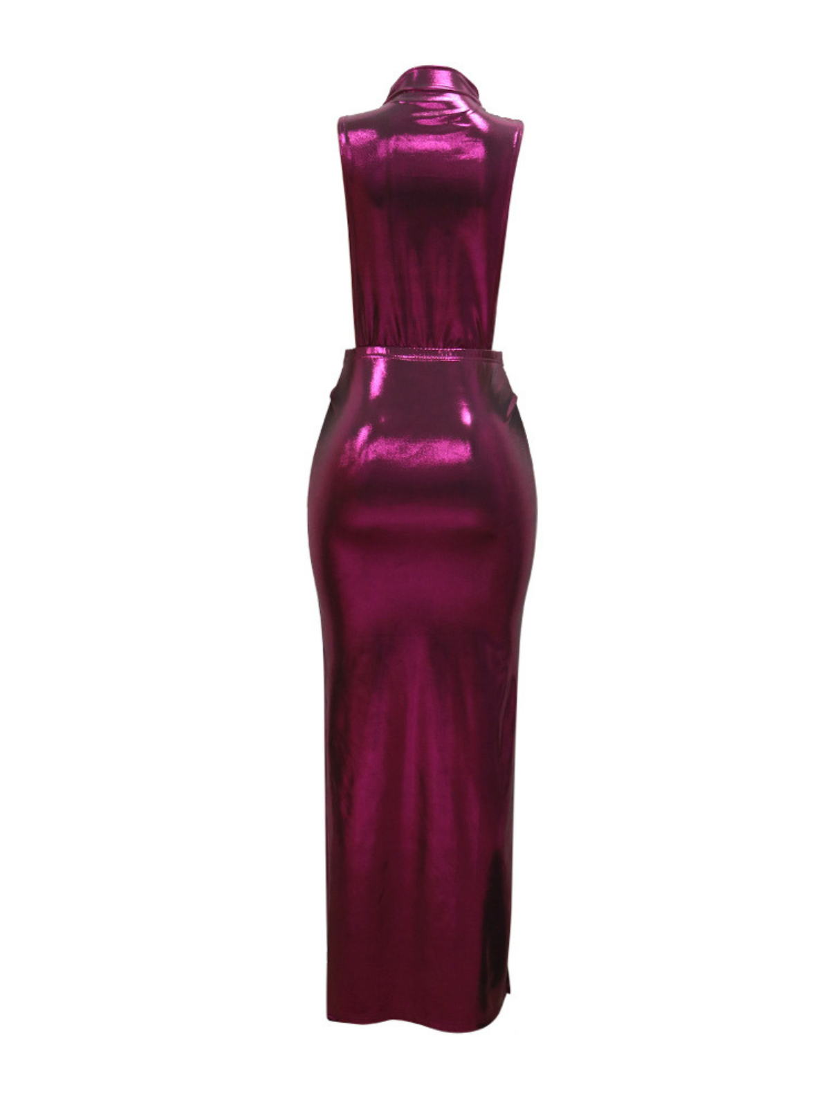Mock Neck Sleeveless Side Cutout Jewel Buckle Ruched Metallic Maxi Dress