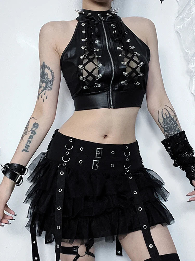 Casual Grunge Gothic Punk Cold Shoulder Crop Top