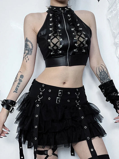 Casual Grunge Gothic Punk Cold Shoulder Crop Top