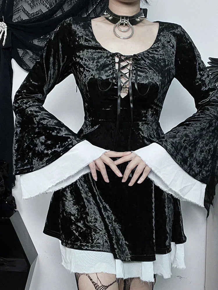 Lace Up Front Crushed Velvet Bell Sleeve Ruffle Cuff Mini Dress