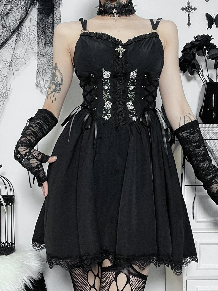 Gothic Black V Neck Lace Up Y2K Grunge Punk High Waist Lace Trim Party Dress