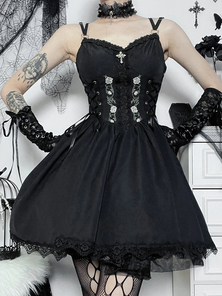 Gothic Black V Neck Lace Up Y2K Grunge Punk High Waist Lace Trim Party Dress