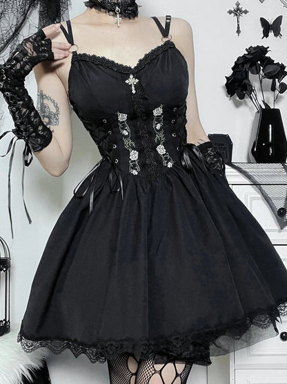 Gothic Black V Neck Lace Up Y2K Grunge Punk High Waist Lace Trim Party Dress