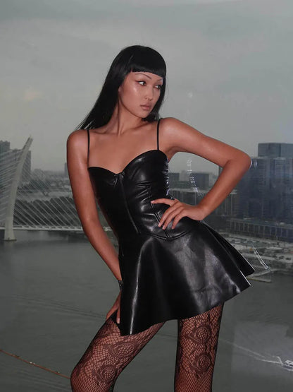 Spaghetti Strap Sweetheart Neckline A-Line Faux Leather Mini Backless PU Dress