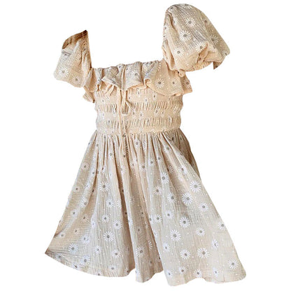 Square Neck Puff Sleeve Smocked Bodice Daisy Print Babydoll Mini Dress