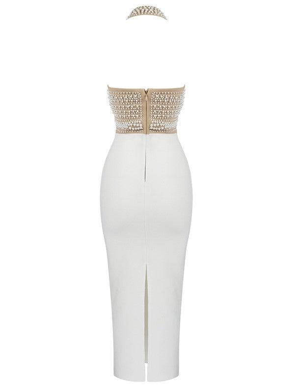 Halter V Neck Pearl Embellished Bodice Bandage Midi Dress