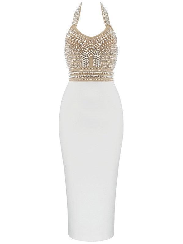 Halter V Neck Pearl Embellished Bodice Bandage Midi Dress
