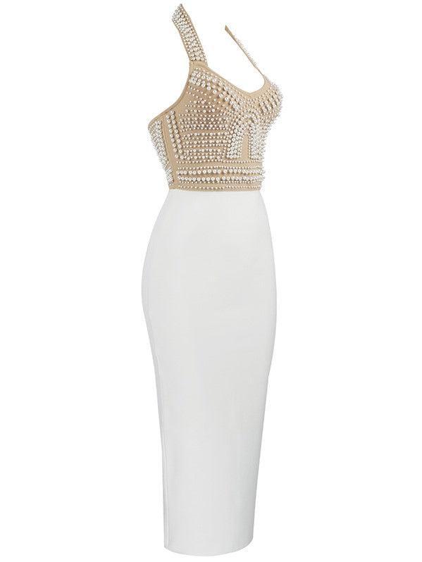 Halter V Neck Pearl Embellished Bodice Bandage Midi Dress