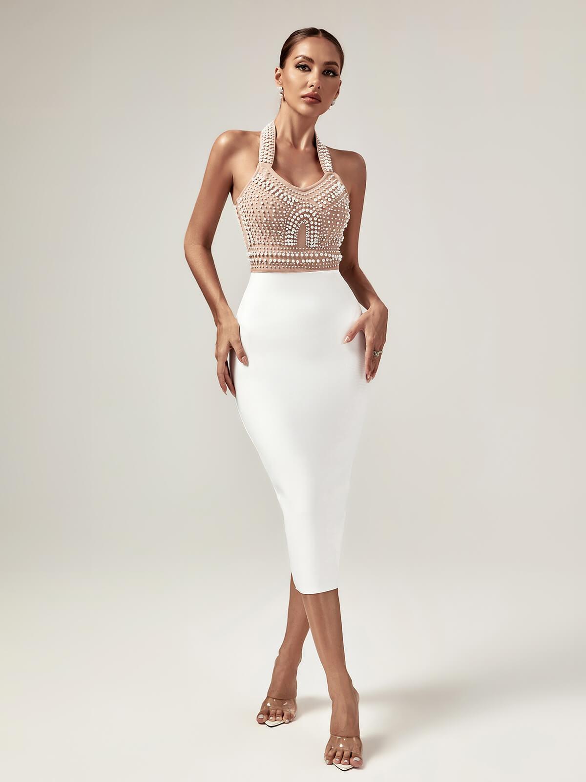 Halter V Neck Pearl Embellished Bodice Bandage Midi Dress