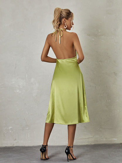 Halter Deep V-Neck Pleated Bodice Satin A-Line Midi Dress