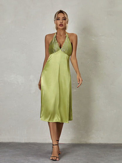 Halter Deep V-Neck Pleated Bodice Satin A-Line Midi Dress