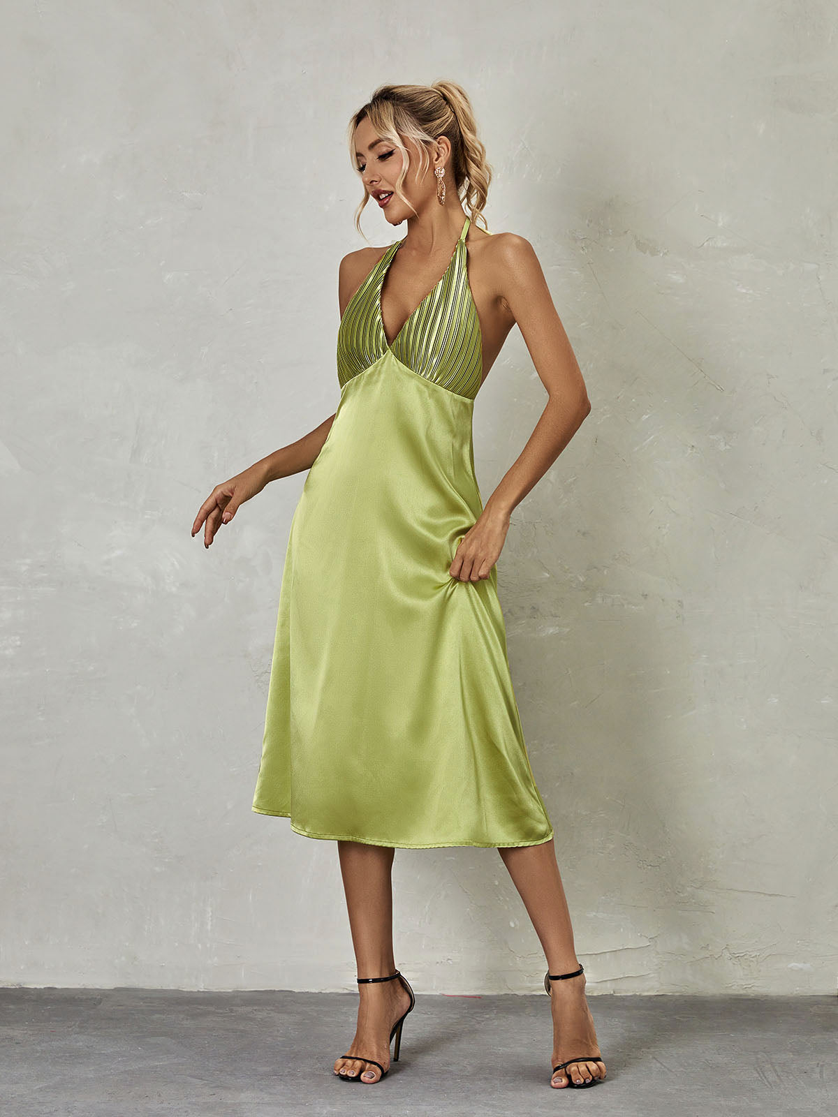 Halter Deep V-Neck Pleated Bodice Satin A-Line Midi Dress